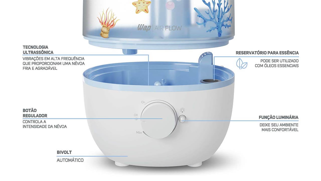 Saúde e bem-estar o ano inteiro Experimente o máximo conforto e qualidade de vida com o Umidificador de Ar Wap Air Flow U2! Este dispositivo 3 em 1 é a solução perfeita para manter o nível da umidade do ar agradável, perfumar os ambientes e iluminar com uma luz de LED de 4000k. Com seu design moderno, ele cria uma atmosfera aconchegante para toda a família, tornando os dias mais agradáveis e as noites mais tranquilas.