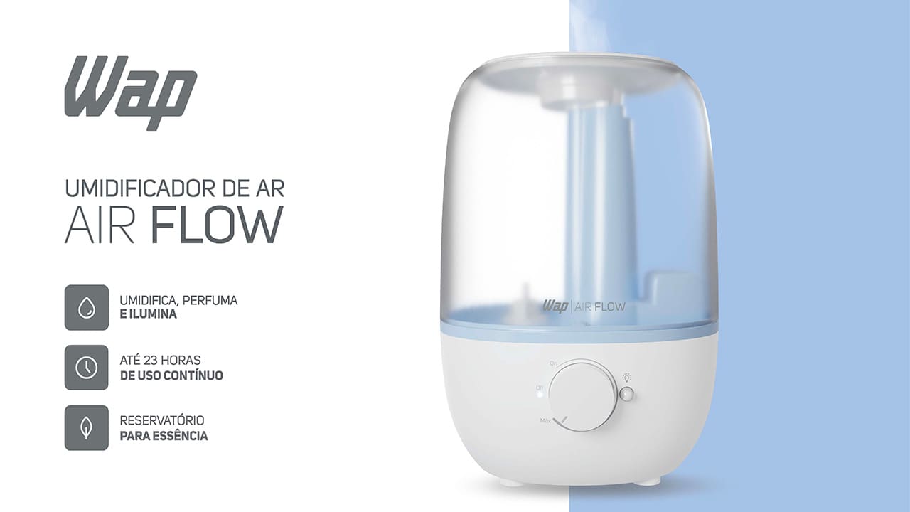 Saúde e bem-estar o ano inteiro Experimente o máximo conforto e qualidade de vida com o Umidificador de Ar Wap Air Flow U2! Este dispositivo 3 em 1 é a solução perfeita para manter o nível da umidade do ar agradável, perfumar os ambientes e iluminar com uma luz de LED de 4000k. Com seu design moderno, ele cria uma atmosfera aconchegante para toda a família, tornando os dias mais agradáveis e as noites mais tranquilas.