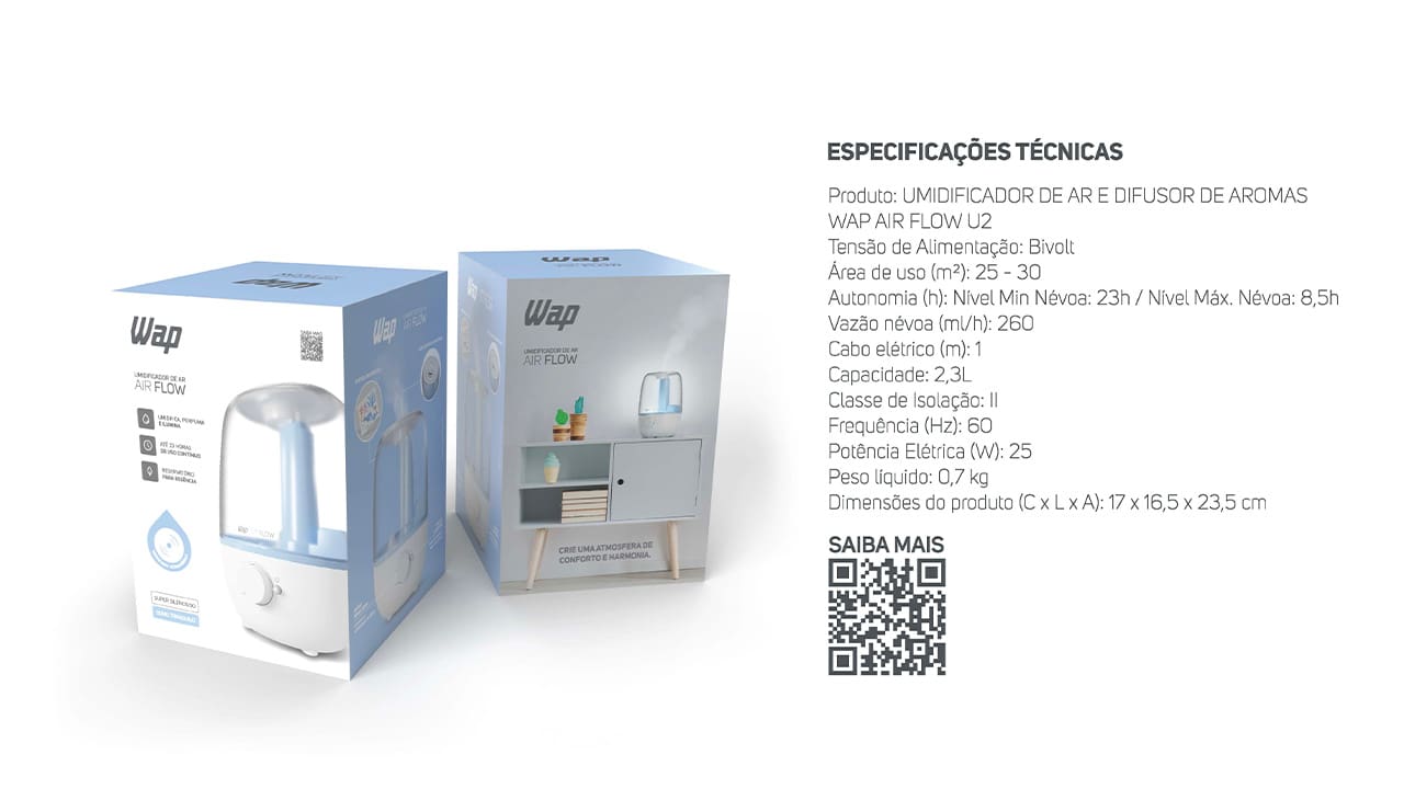 Saúde e bem-estar o ano inteiro Experimente o máximo conforto e qualidade de vida com o Umidificador de Ar Wap Air Flow U2! Este dispositivo 3 em 1 é a solução perfeita para manter o nível da umidade do ar agradável, perfumar os ambientes e iluminar com uma luz de LED de 4000k. Com seu design moderno, ele cria uma atmosfera aconchegante para toda a família, tornando os dias mais agradáveis e as noites mais tranquilas.