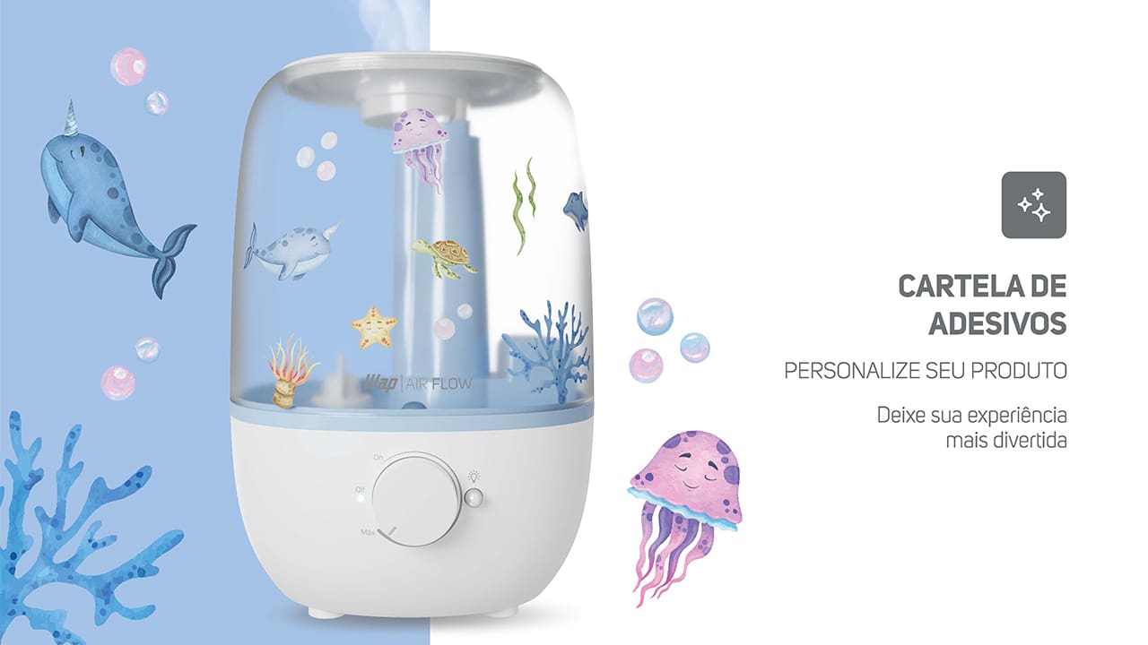 Saúde e bem-estar o ano inteiro Experimente o máximo conforto e qualidade de vida com o Umidificador de Ar Wap Air Flow U2! Este dispositivo 3 em 1 é a solução perfeita para manter o nível da umidade do ar agradável, perfumar os ambientes e iluminar com uma luz de LED de 4000k. Com seu design moderno, ele cria uma atmosfera aconchegante para toda a família, tornando os dias mais agradáveis e as noites mais tranquilas.