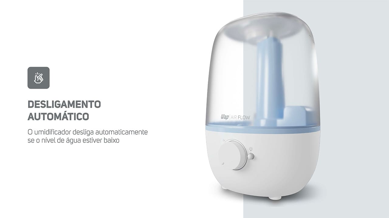 Saúde e bem-estar o ano inteiro Experimente o máximo conforto e qualidade de vida com o Umidificador de Ar Wap Air Flow U2! Este dispositivo 3 em 1 é a solução perfeita para manter o nível da umidade do ar agradável, perfumar os ambientes e iluminar com uma luz de LED de 4000k. Com seu design moderno, ele cria uma atmosfera aconchegante para toda a família, tornando os dias mais agradáveis e as noites mais tranquilas.