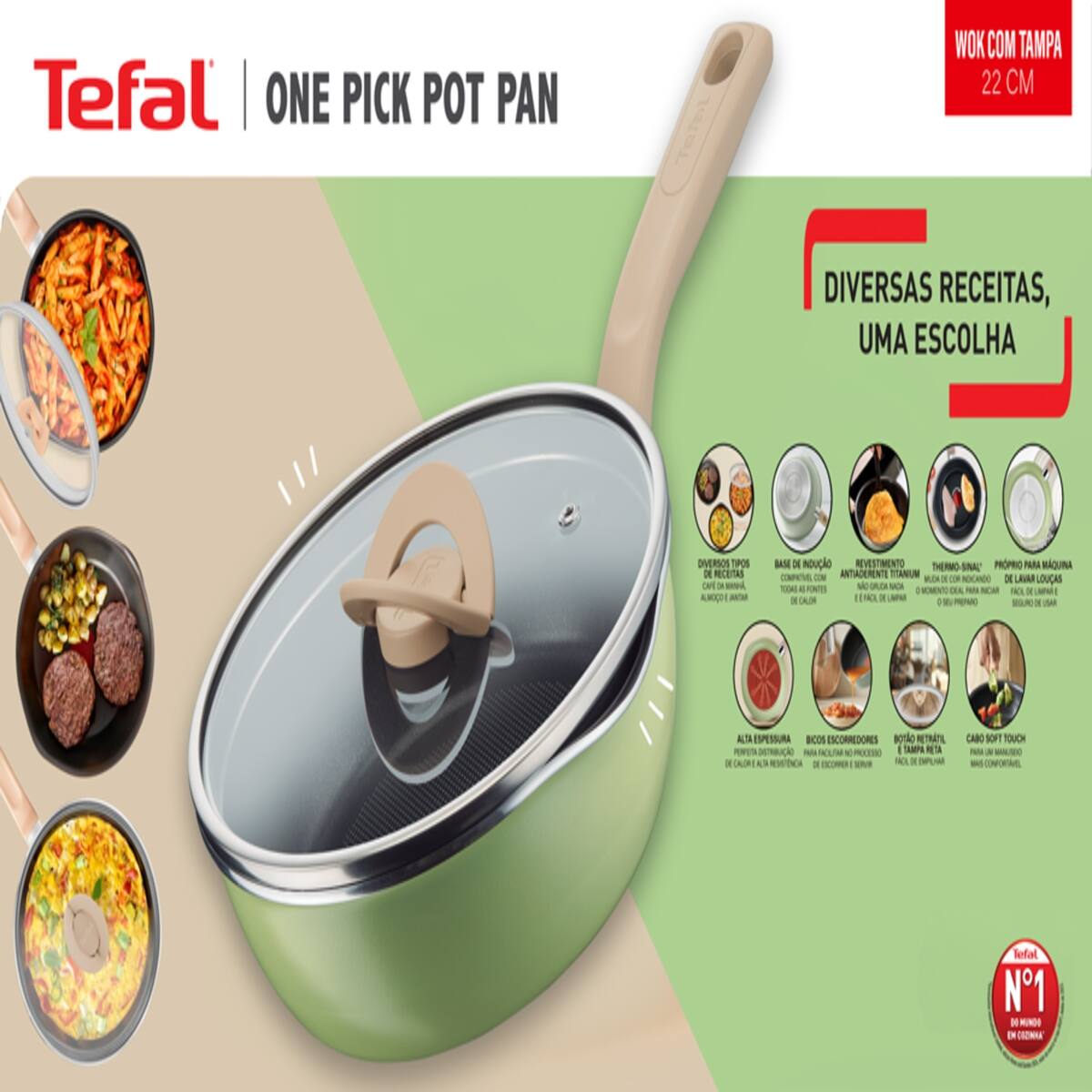 Panela Wok Tefal One Pick Pot 22cm Alumínio Antiaderente Indução Tampa Vidro Verde