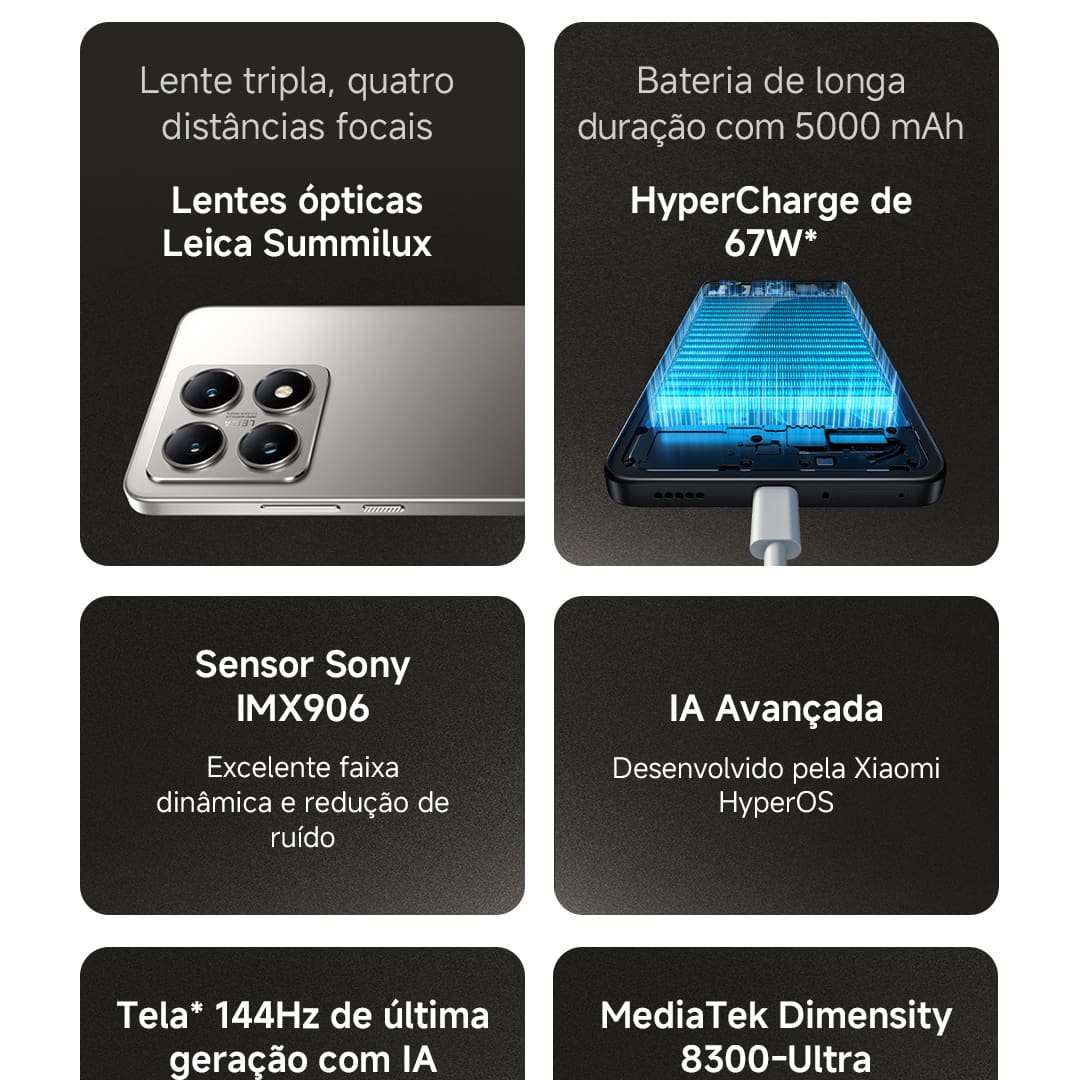 Desempenho poderoso, eficiente e resistente O Smartphone Xiaomi 14T Preto é equipado com o processador MediaTek Dimensity 8300 Ultra, oferecendo desempenho de alta velocidade e executando tarefas com eficiência e rapidez. Com a tecnologia HyperCharge, o carregador de 67W garante que a bateria seja recarregada completamente em até 45 minutos, permitindo que você fique menos tempo preso a tomadas. Além disso, com a certificação IP68, o aparelho é resistente à água e poeira, ideal para aventuras ao ar livre ou situações imprevisíveis. E para completar, o acesso exclusivo a uma vasta biblioteca de livros digitais oferecida pela Xiaomi torna esse dispositivo um companheiro versátil e confiável para seu dia a dia.