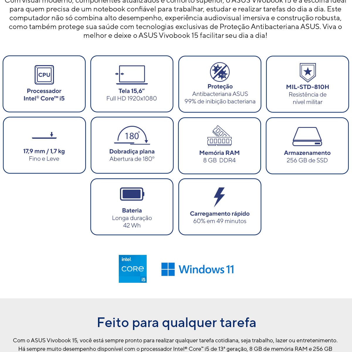 Notebook ASUS Vivobook 15 Core i5 8GB RAM 256GB SSD Tela 15,6” FHD Windows 11 – X1504VA-NJ1738W