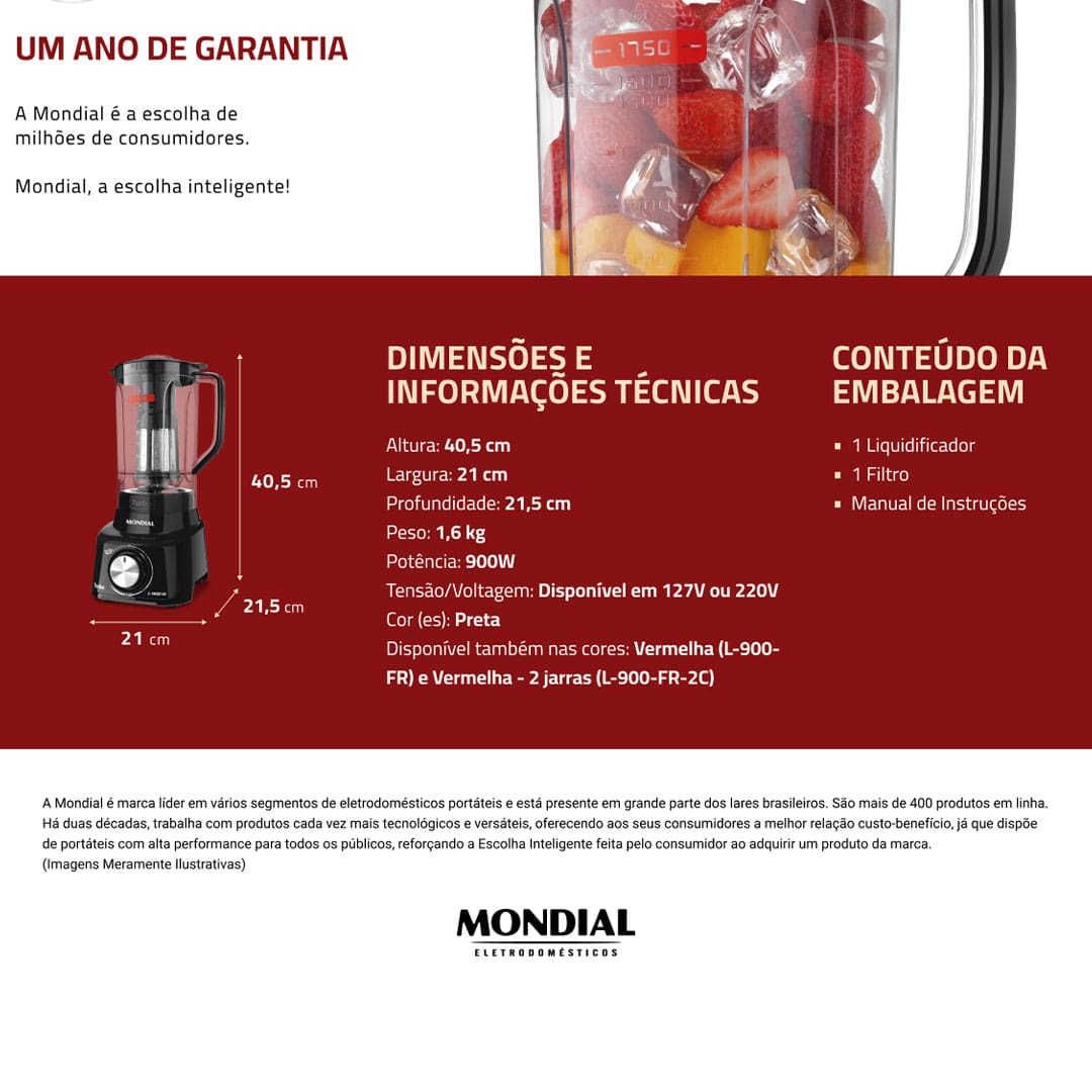 Liquidificador Mondial Turbo Full Black L900FB Preto 900W com 5 Velocidades
