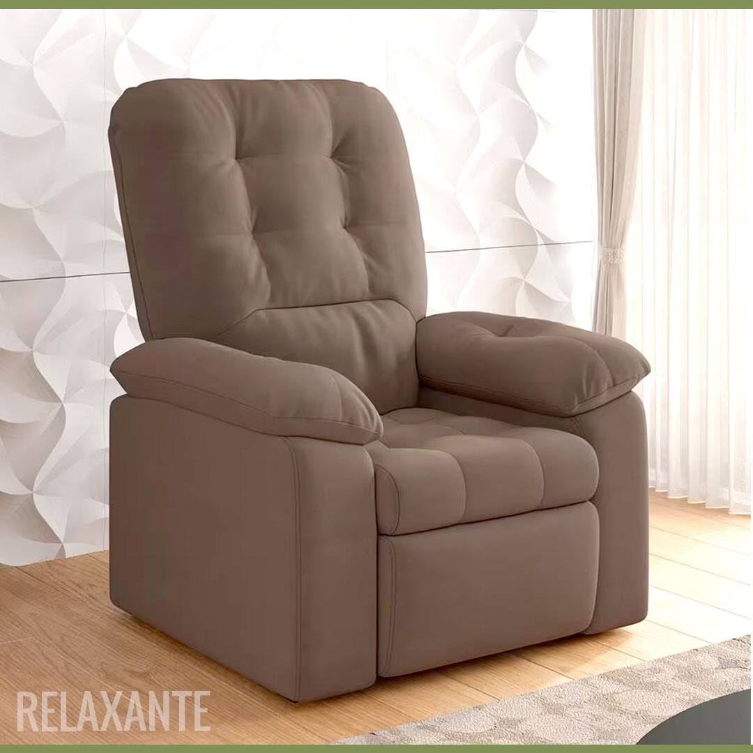 Relaxante imagem frontal frente lado lateral Poltrona Besthouse Estoril Reclinável marrom chão piso madeira tapete cortina bege parede branca