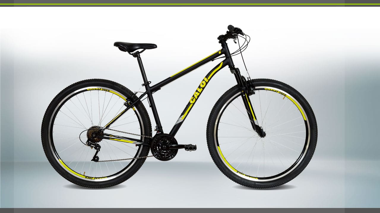 imagem frontal frente Bicicleta Caloi Velox preta amarelo verde 