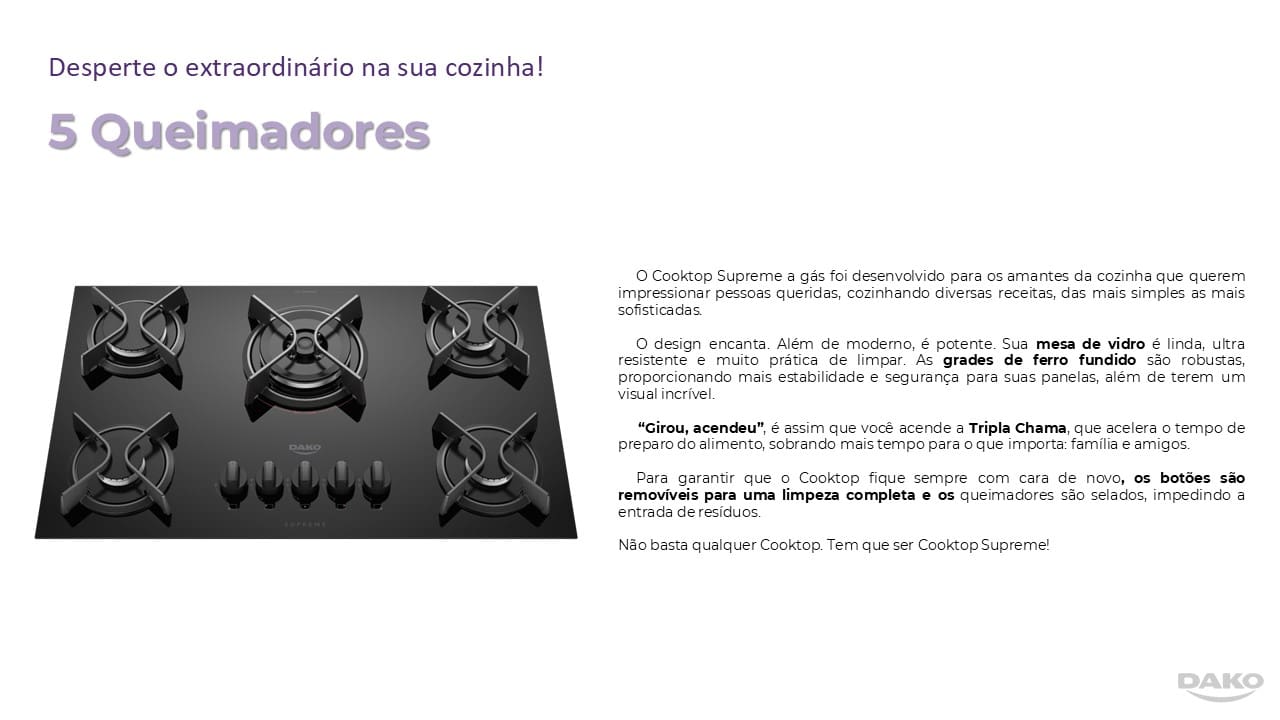 Cooktop a Gás 5 Bocas Dako Supreme