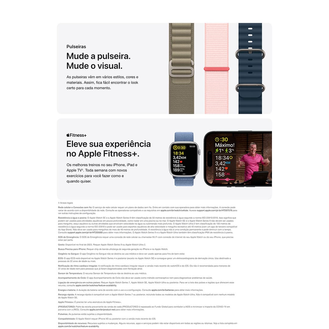 Para amar cada segundo. Acessível. Versátil. Para amar cada segundo. É muito Apple Watch por menos. Recursos essenciais para ajudar você a levar uma vida mais conectada, ativa, saudável e em segurança.