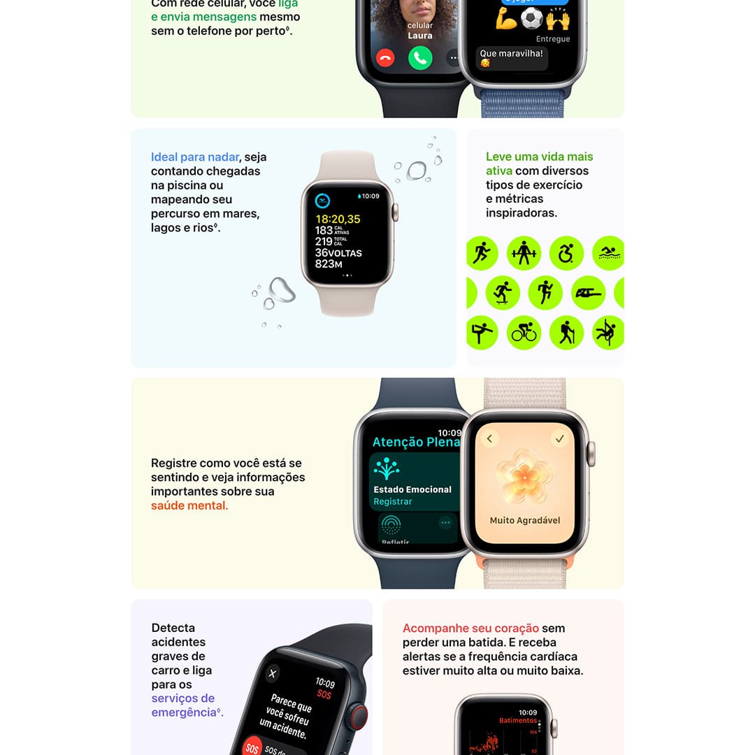 Para amar cada segundo. Acessível. Versátil. Para amar cada segundo. É muito Apple Watch por menos. Recursos essenciais para ajudar você a levar uma vida mais conectada, ativa, saudável e em segurança.