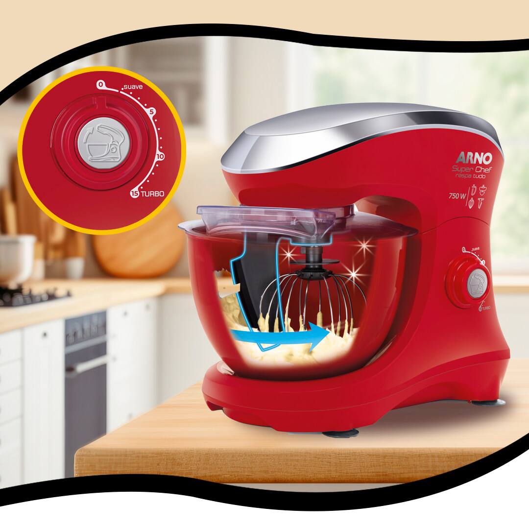 Batedeira Planetária Arno Super Chef KM12 750W potência 15 velocidades 3 batedores