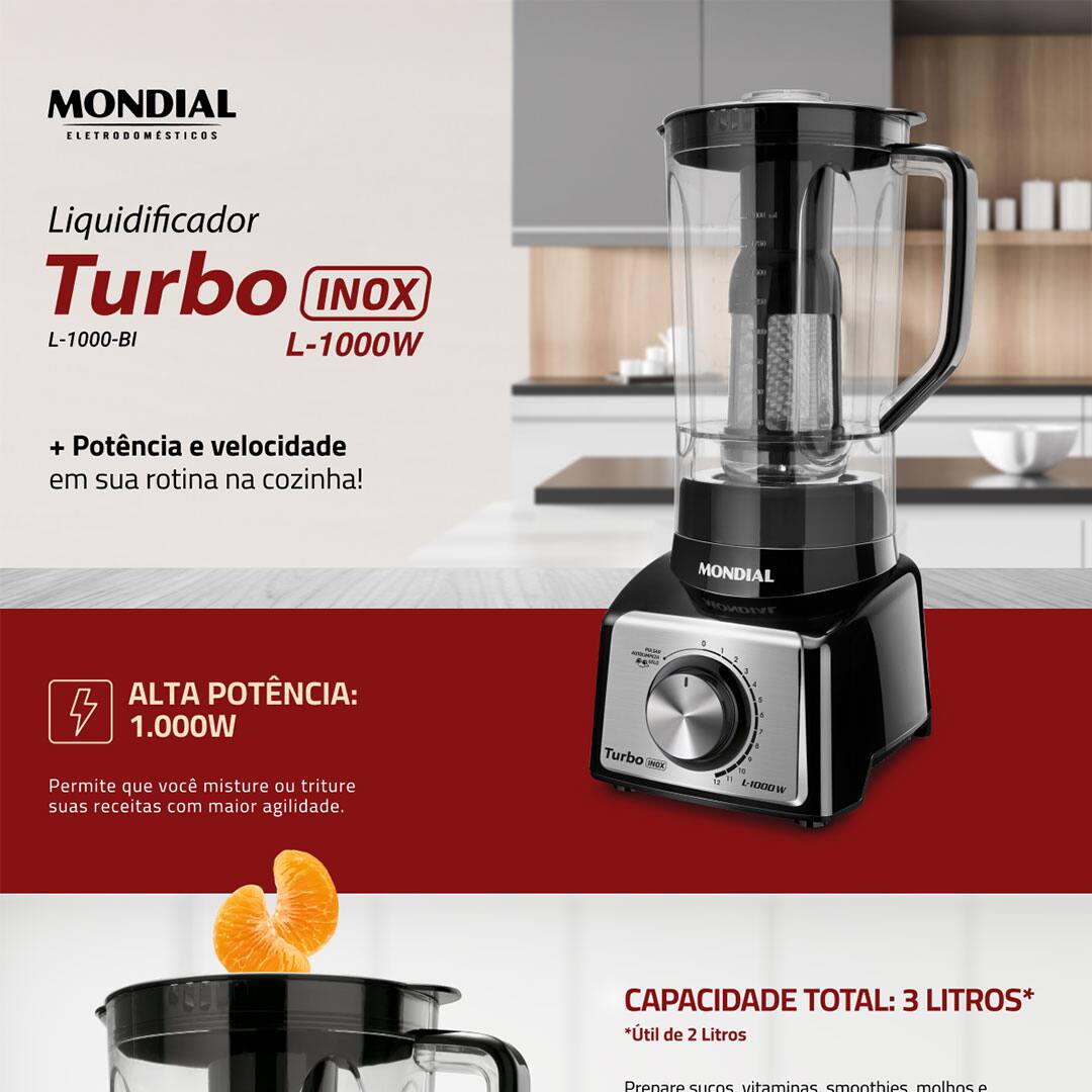 O Liquidificador Turbo L-1000 BI da Mondial reúne design moderno, qualidade e eficiência em um só produto, além disso ele conta com muita potência para você poder preparar suas receitas com mais praticidade e sem esforço, mesmo os alimentos mais duros. Com ele é possível também triturar gelo.