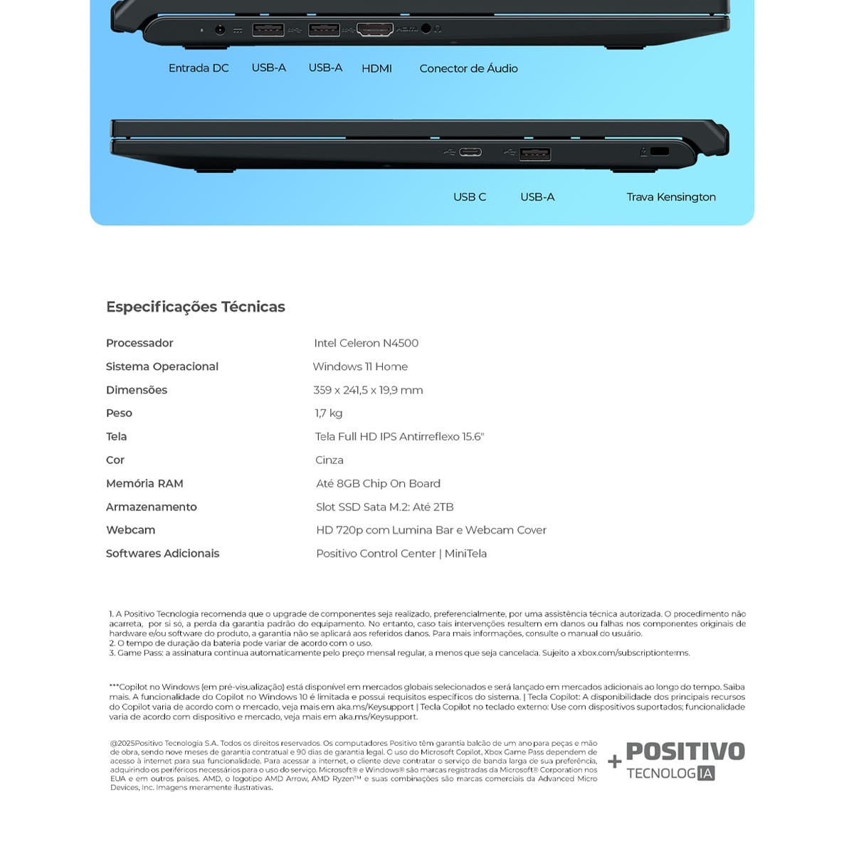 Notebook Positivo C15M Intel Celeron N4500 4GB RAM 128GB eMMC