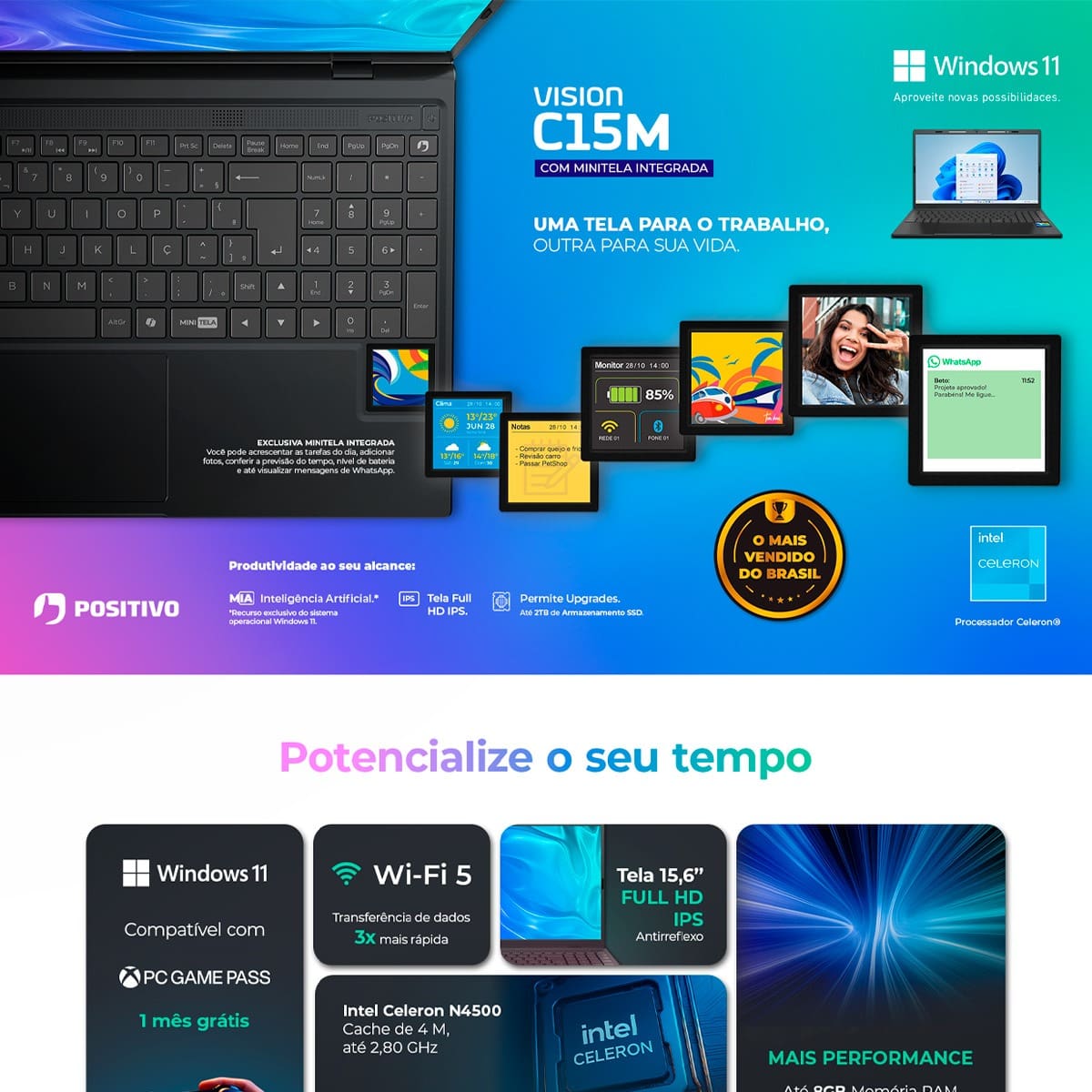 Notebook Positivo C15M Intel Celeron N4500 4GB RAM 128GB eMMC