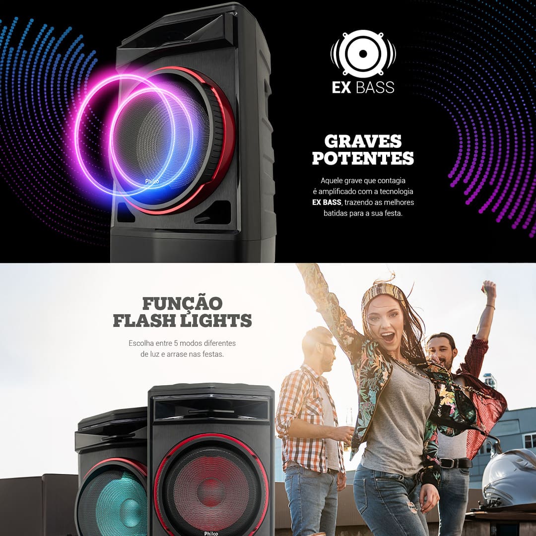 A Caixa de Som Amplificada Philco PCX7100 é perfeita para garantir o som daquelas festas entre amigos e família! Aproveite de toda sua conectividade. Conta com tecnologia de conexão Bluetooth e entradas USB (para pendrive), além de 2 entradas para microfone, e ainda uma entrada auxiliar para equipamentos com saída de som P2. Seu potente alto-falante de 12 polegadas garante um maior impacto na reprodução dos sons graves. Dê mais vida a sua playlist com a Função flash light com seus 5 modos de iluminação.