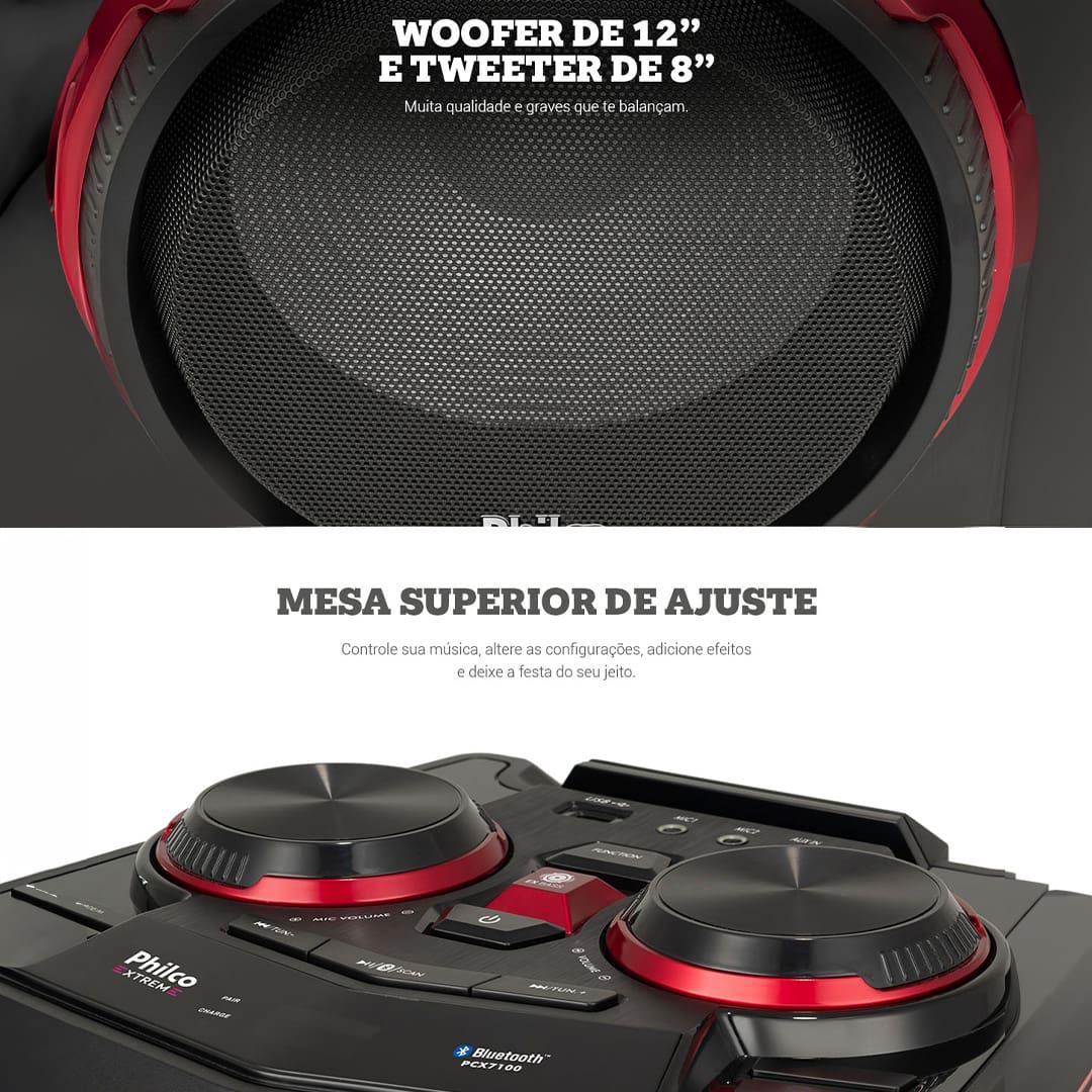 A Caixa de Som Amplificada Philco PCX7100 é perfeita para garantir o som daquelas festas entre amigos e família! Aproveite de toda sua conectividade. Conta com tecnologia de conexão Bluetooth e entradas USB (para pendrive), além de 2 entradas para microfone, e ainda uma entrada auxiliar para equipamentos com saída de som P2. Seu potente alto-falante de 12 polegadas garante um maior impacto na reprodução dos sons graves. Dê mais vida a sua playlist com a Função flash light com seus 5 modos de iluminação.