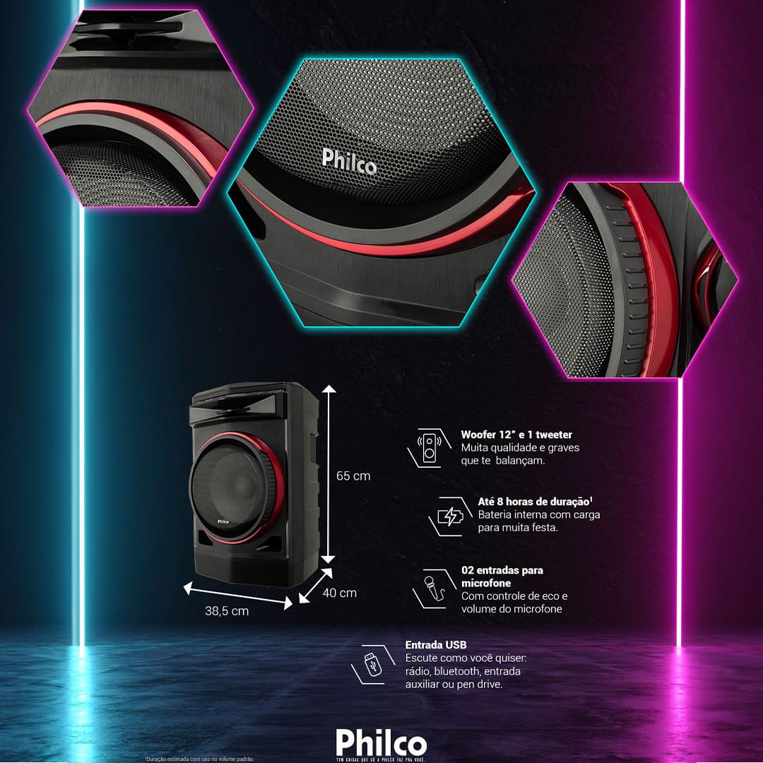 A Caixa de Som Amplificada Philco PCX7100 é perfeita para garantir o som daquelas festas entre amigos e família! Aproveite de toda sua conectividade. Conta com tecnologia de conexão Bluetooth e entradas USB (para pendrive), além de 2 entradas para microfone, e ainda uma entrada auxiliar para equipamentos com saída de som P2. Seu potente alto-falante de 12 polegadas garante um maior impacto na reprodução dos sons graves. Dê mais vida a sua playlist com a Função flash light com seus 5 modos de iluminação.