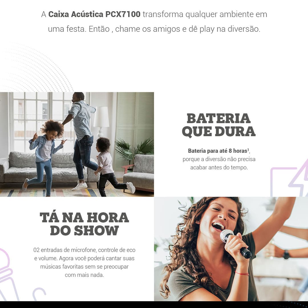 A Caixa de Som Amplificada Philco PCX7100 é perfeita para garantir o som daquelas festas entre amigos e família! Aproveite de toda sua conectividade. Conta com tecnologia de conexão Bluetooth e entradas USB (para pendrive), além de 2 entradas para microfone, e ainda uma entrada auxiliar para equipamentos com saída de som P2. Seu potente alto-falante de 12 polegadas garante um maior impacto na reprodução dos sons graves. Dê mais vida a sua playlist com a Função flash light com seus 5 modos de iluminação.