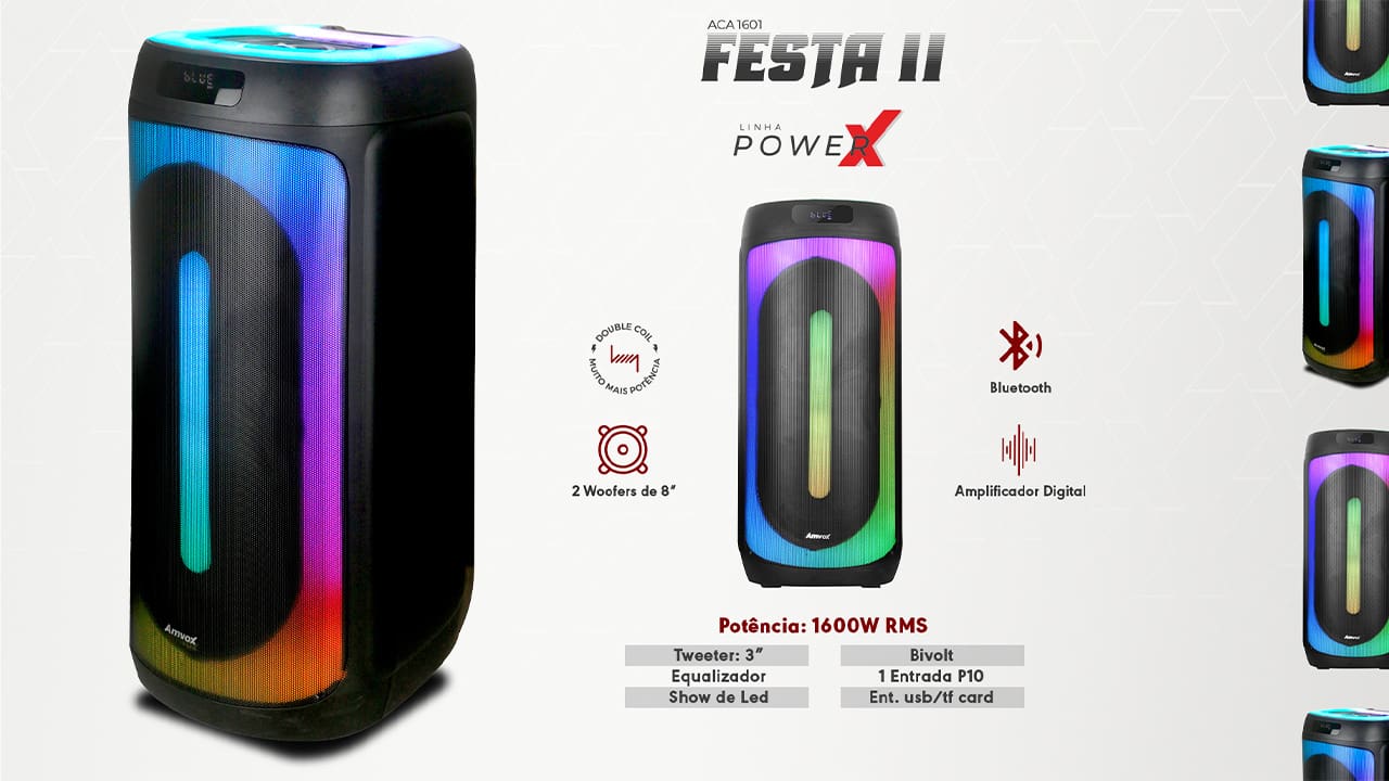 Eleve suas festas a um novo patamar Transforme suas celebrações em verdadeiros eventos memoráveis com a Caixa de Som Amplificada Amvox ACA 1601 Festa II! Com uma impressionante potência de 1600W RMS, ela é perfeita para garantir um som de alta qualidade que contagia a todos. Equipado com 2 woofers de 8" e 1 tweeter de 3", esse sistema de som entrega uma experiência sonora rica e envolvente, fazendo com que cada batida e cada nota sejam ouvidas com clareza.