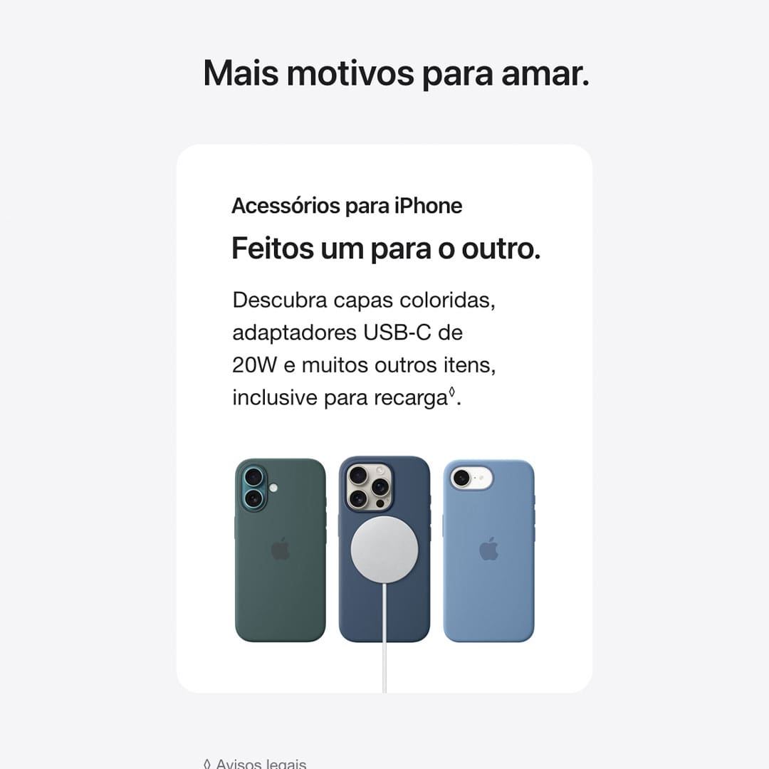 O iPhone 16e é feito para Apple Intelligence e conta com a potência do chip A18*. Fotografe em altíssima resolução com a câmera Fusion. E ganhe mais tempo para enviar mensagens, navegar e fazer outras coisas com sua superbateria.