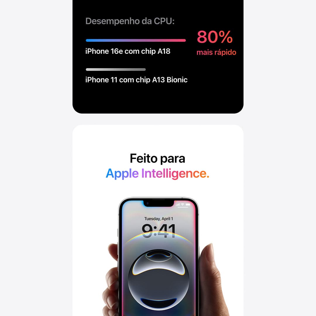 O iPhone 16e é feito para Apple Intelligence e conta com a potência do chip A18*. Fotografe em altíssima resolução com a câmera Fusion. E ganhe mais tempo para enviar mensagens, navegar e fazer outras coisas com sua superbateria.