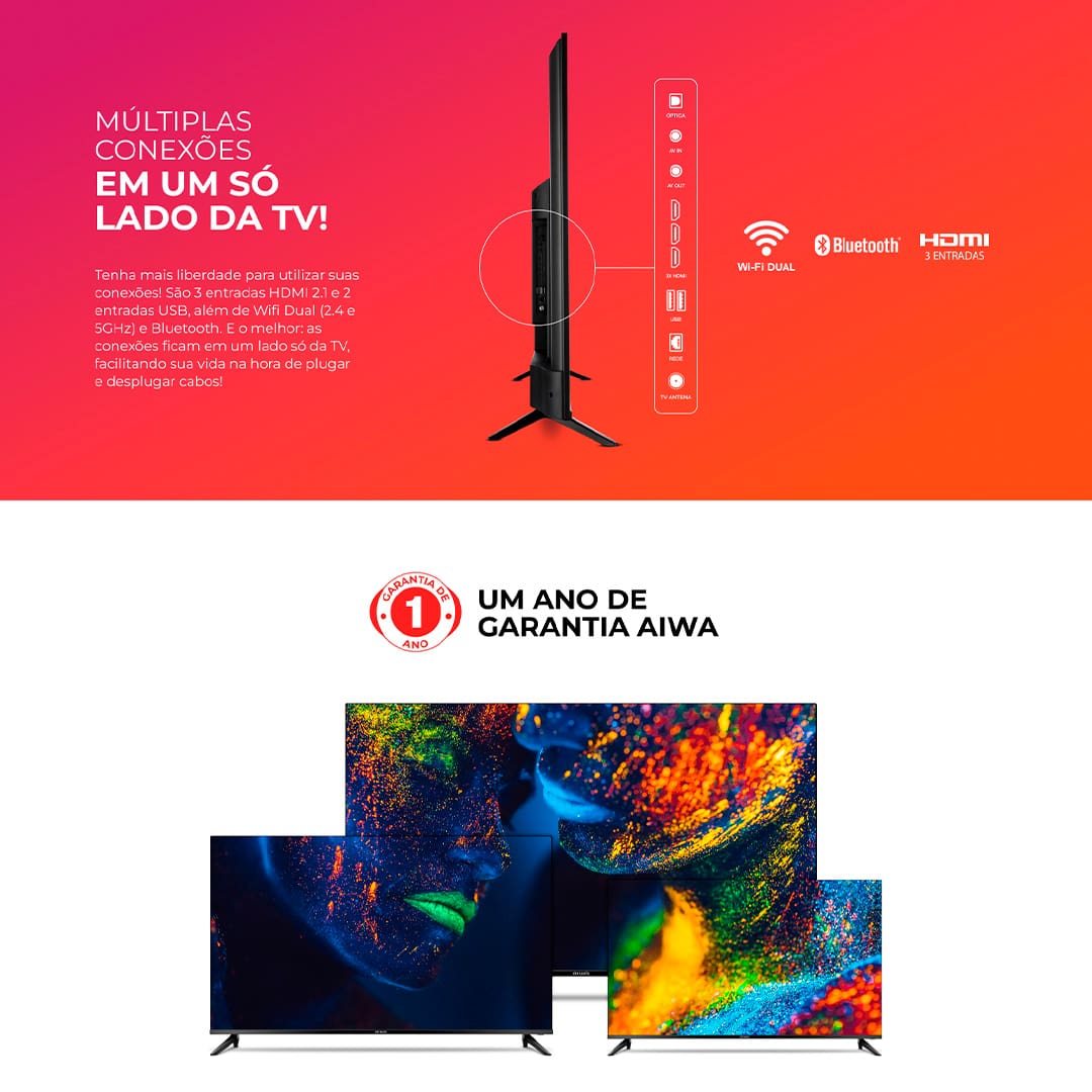 Uma Verdadeira Experiência de Imagem. Com mais de 8 milhões de pixels e uma resolução quatro vezes maior que o Full HD, a Televisão AIWA 50BL02A transforma cada momento em um espetáculo visual com cores vibrantes, contrastes profundos e detalhes impressionantes.