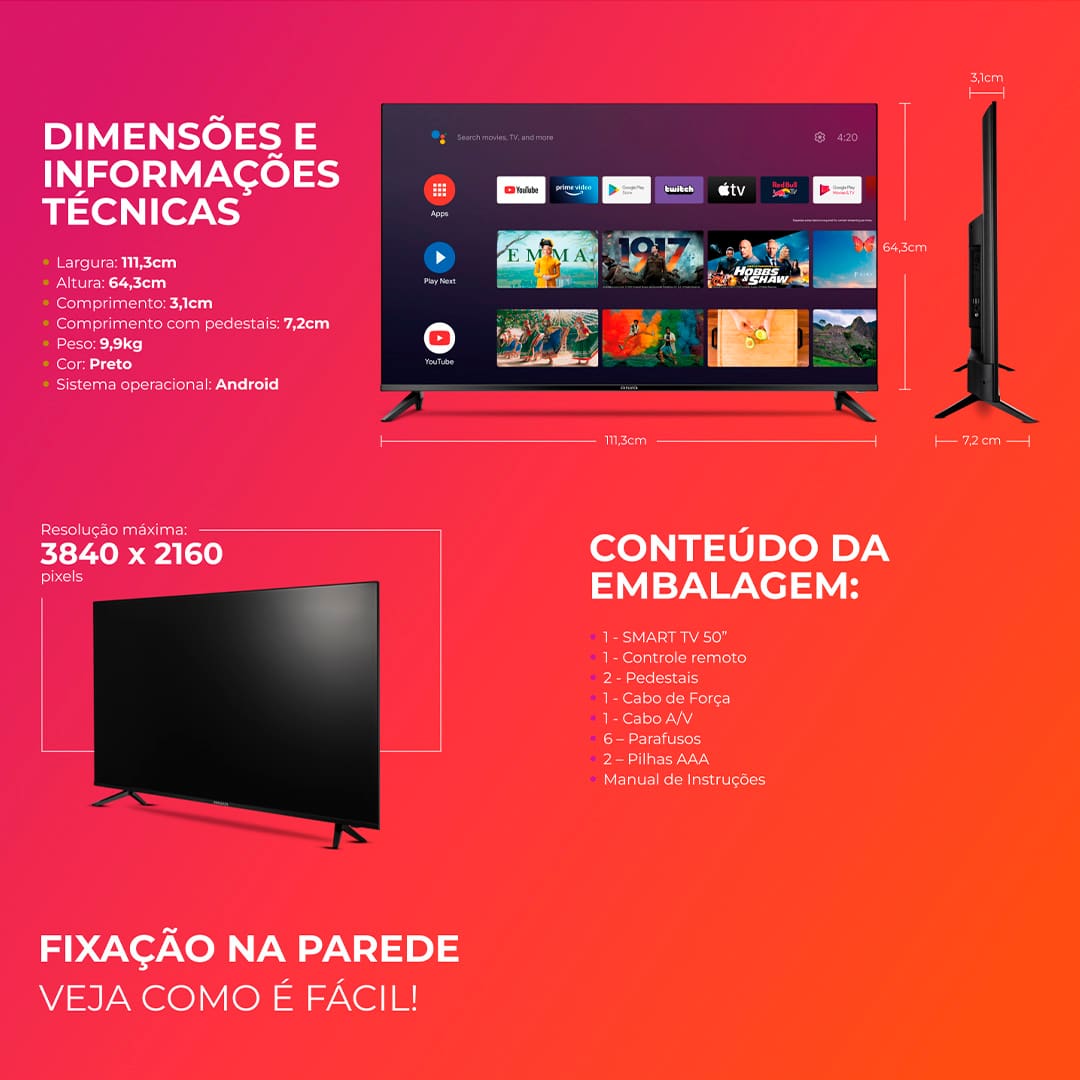 Uma Verdadeira Experiência de Imagem. Com mais de 8 milhões de pixels e uma resolução quatro vezes maior que o Full HD, a Televisão AIWA 50BL02A transforma cada momento em um espetáculo visual com cores vibrantes, contrastes profundos e detalhes impressionantes.