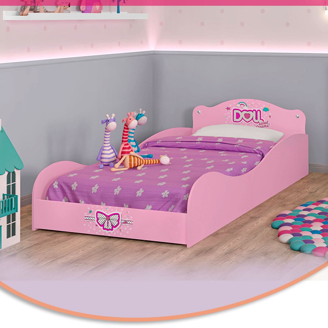 Cama Infantil Móveis Estrela Doll com Grade de Proteção - Rosa Acetinado