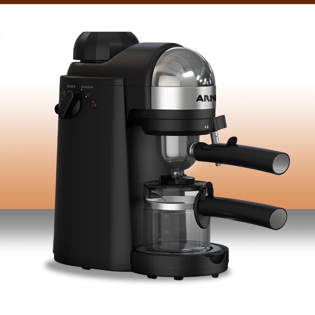 imagem frontal frente lado lateral Cafeteira Arno Mini Espresso preta preto cinza prata fundo laranja