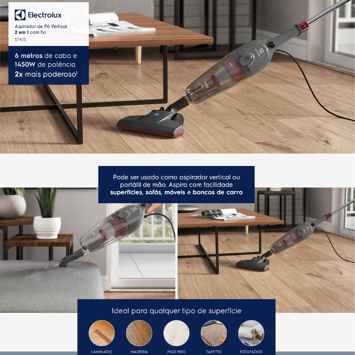 Aspirador de Pó Vertical 2 em 1 Electrolux STK15