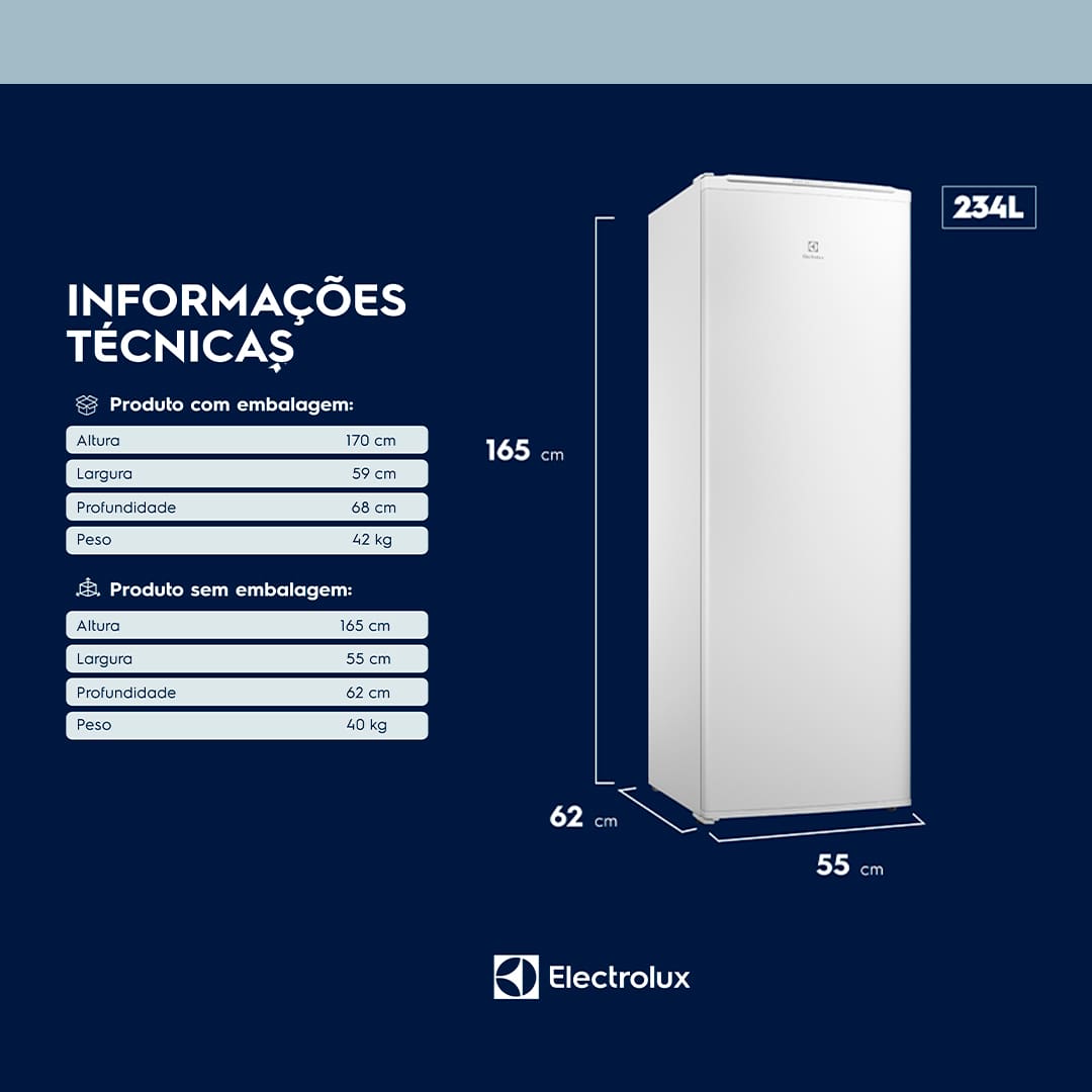 Design Moderno e Funcionalidade Aprimorada. O Freezer Vertical Electrolux 234 litros apresenta um design moderno com novas funcionalidades que elevam a experiência do usuário e otimizam a eficiência energética. Com puxador ergonômico e portas reversíveis, o freezer se adapta facilmente ao layout da sua casa ou estabelecimento, oferecendo praticidade e estilo em um único aparelho.