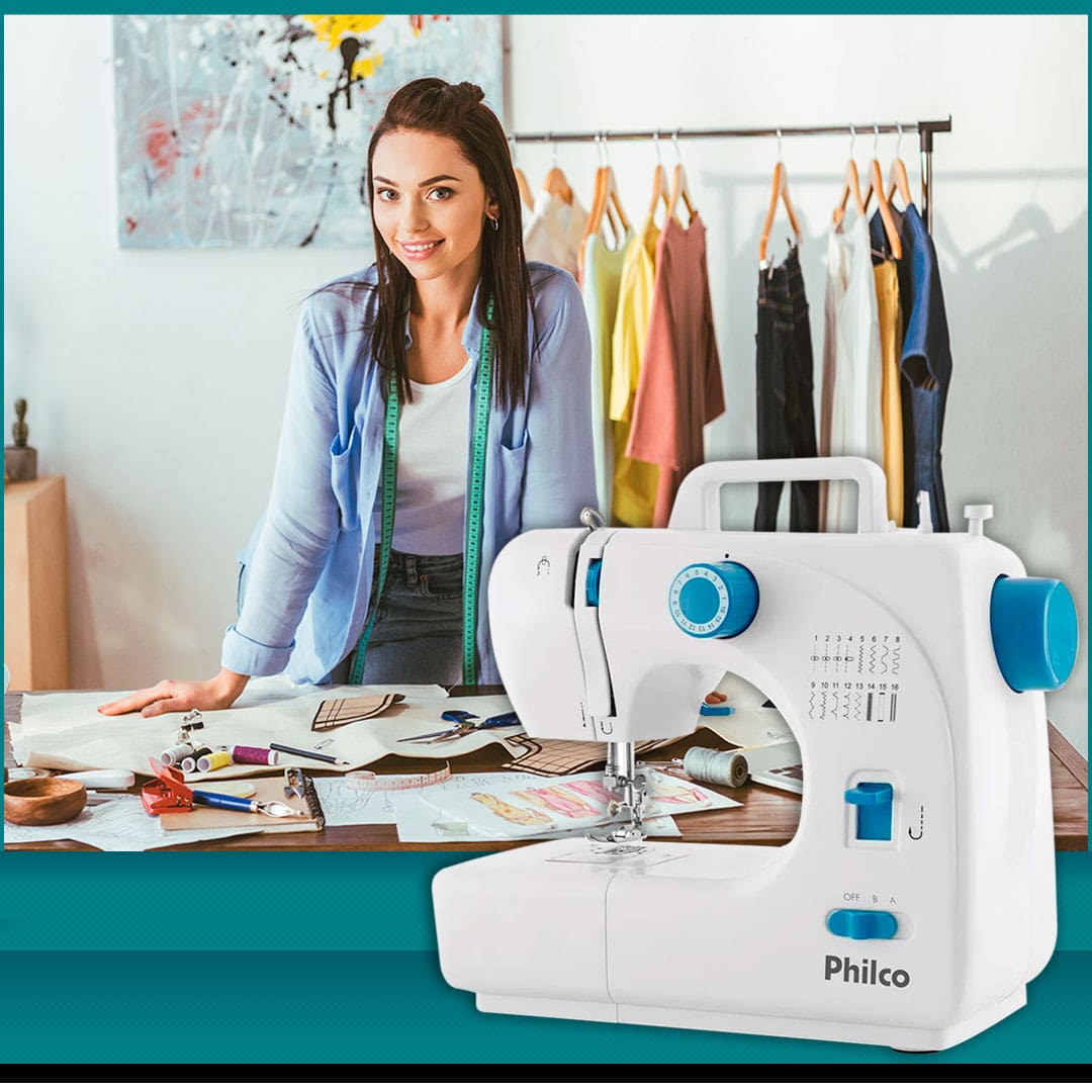 Máquina de Costura Elétrica Philco PMC16BP mulher costurando