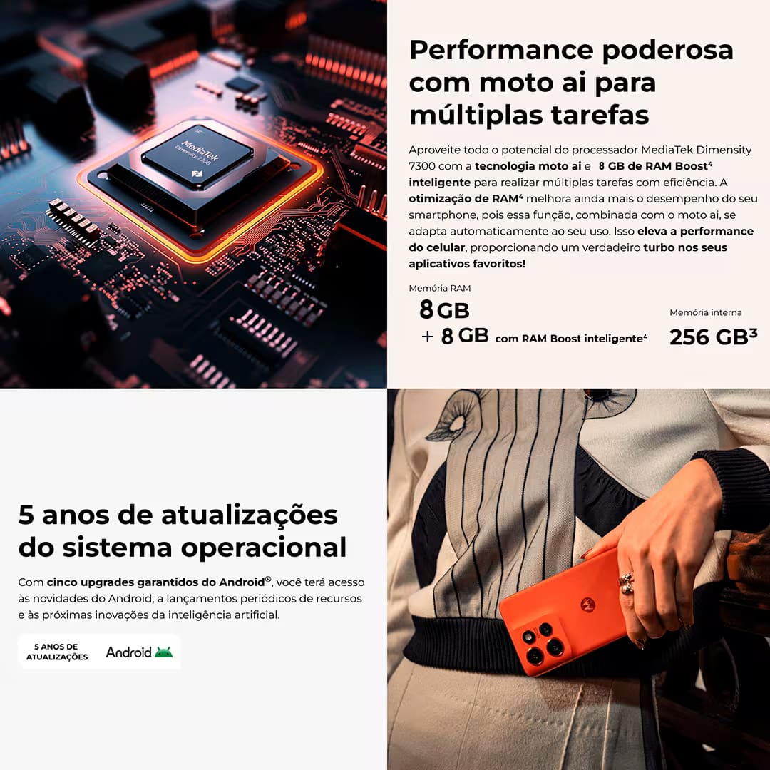 Desempenho excepcional O Smartphone Motorola Edge 50 Neo oferece um desempenho notável com o avançado MediaTek Dimensity 7300 e 16GB de RAM, garantindo fluidez e eficiência em multitarefas. A tecnologia RAM Boost, que transforma parte do armazenamento interno em RAM virtual, e a ampla capacidade de até 256GB de armazenamento interno asseguram espaço de sobra para todos os seus dados. O Edge 50 Neo é equipado com uma câmera principal de 50MP, com tecnologia Ultra Pixel e o sensor Sony LYTIA™ 700C, proporcionando fotos nítidas e vibrantes. A câmera ultra-angular de 13MP e a teleobjetiva capturam cenários e detalhes com precisão, enquanto a câmera macro e a de selfie de 32MP oferecem imagens de alta resolução. 