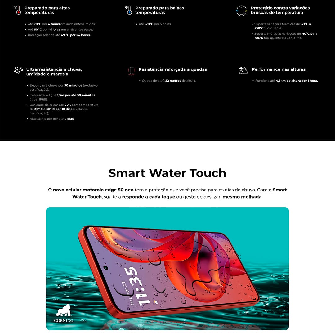 Desempenho excepcional O Smartphone Motorola Edge 50 Neo oferece um desempenho notável com o avançado MediaTek Dimensity 7300 e 16GB de RAM, garantindo fluidez e eficiência em multitarefas. A tecnologia RAM Boost, que transforma parte do armazenamento interno em RAM virtual, e a ampla capacidade de até 256GB de armazenamento interno asseguram espaço de sobra para todos os seus dados. O Edge 50 Neo é equipado com uma câmera principal de 50MP, com tecnologia Ultra Pixel e o sensor Sony LYTIA™ 700C, proporcionando fotos nítidas e vibrantes. A câmera ultra-angular de 13MP e a teleobjetiva capturam cenários e detalhes com precisão, enquanto a câmera macro e a de selfie de 32MP oferecem imagens de alta resolução. 