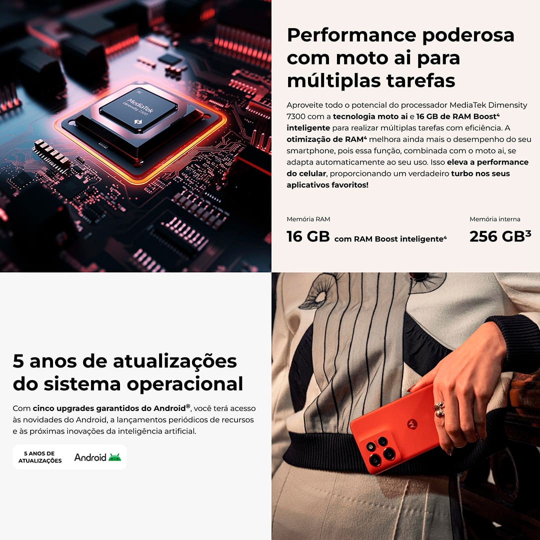 Desempenho excepcional O Smartphone Motorola Edge 50 Neo oferece um desempenho notável com o avançado MediaTek Dimensity 7300 e 16GB de RAM, garantindo fluidez e eficiência em multitarefas. A tecnologia RAM Boost, que transforma parte do armazenamento interno em RAM virtual, e a ampla capacidade de até 256GB de armazenamento interno asseguram espaço de sobra para todos os seus dados. O Edge 50 Neo é equipado com uma câmera principal de 50MP, com tecnologia Ultra Pixel e o sensor Sony LYTIA™ 700C, proporcionando fotos nítidas e vibrantes. A câmera ultra-angular de 13MP e a teleobjetiva capturam cenários e detalhes com precisão, enquanto a câmera macro e a de selfie de 32MP oferecem imagens de alta resolução. 