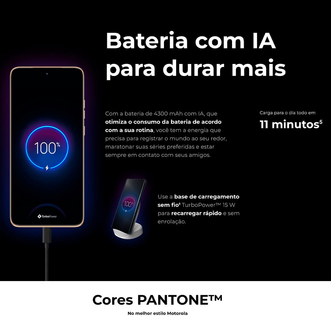 Desempenho excepcional O Smartphone Motorola Edge 50 Neo oferece um desempenho notável com o avançado MediaTek Dimensity 7300 e 16GB de RAM, garantindo fluidez e eficiência em multitarefas. A tecnologia RAM Boost, que transforma parte do armazenamento interno em RAM virtual, e a ampla capacidade de até 256GB de armazenamento interno asseguram espaço de sobra para todos os seus dados. O Edge 50 Neo é equipado com uma câmera principal de 50MP, com tecnologia Ultra Pixel e o sensor Sony LYTIA™ 700C, proporcionando fotos nítidas e vibrantes. A câmera ultra-angular de 13MP e a teleobjetiva capturam cenários e detalhes com precisão, enquanto a câmera macro e a de selfie de 32MP oferecem imagens de alta resolução. 