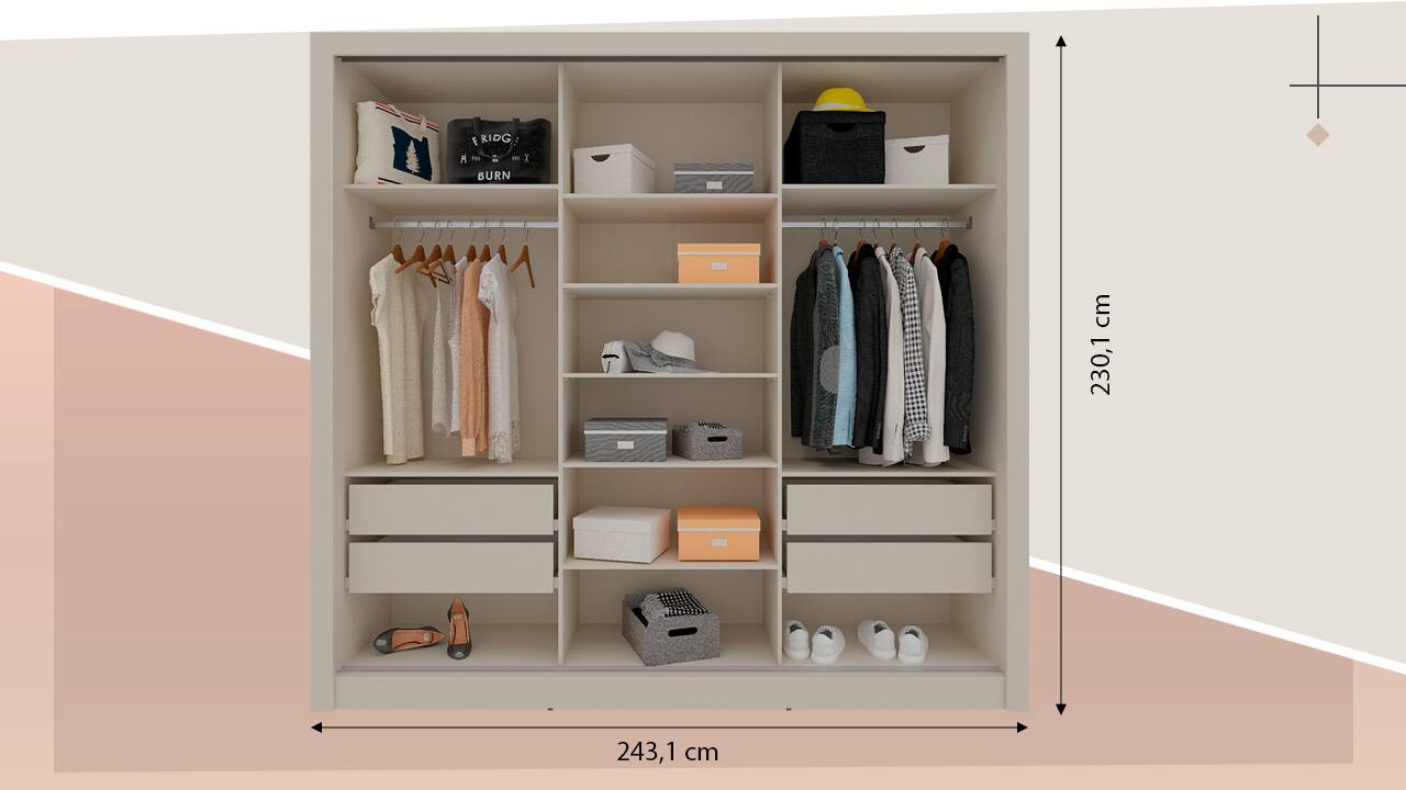 armário amplo espaço interno roupas calçados malas bolsas objetos portas deslizantes trilhos suaves prático silencioso roupeiro gavetas itens acessórios peças íntimas organização cabideiros alumínio vestidos calças casacos