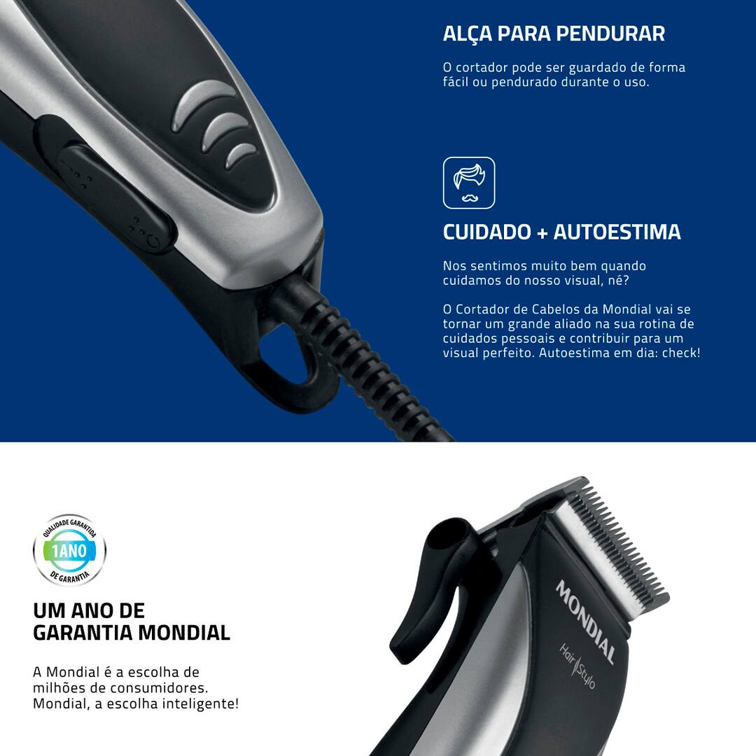 Esse cortador da Mondial possui lâminas de aço inox, o que proporciona maior resistência, botão liga e desliga, 4 pentes de corte, para que você ajuste a altura, 8 acessórios, entre eles tesoura e pente, que aparam e auxiliam o processo, além de ter 10W, uma ótima potência e um desempenho superior para corte de cabelos.