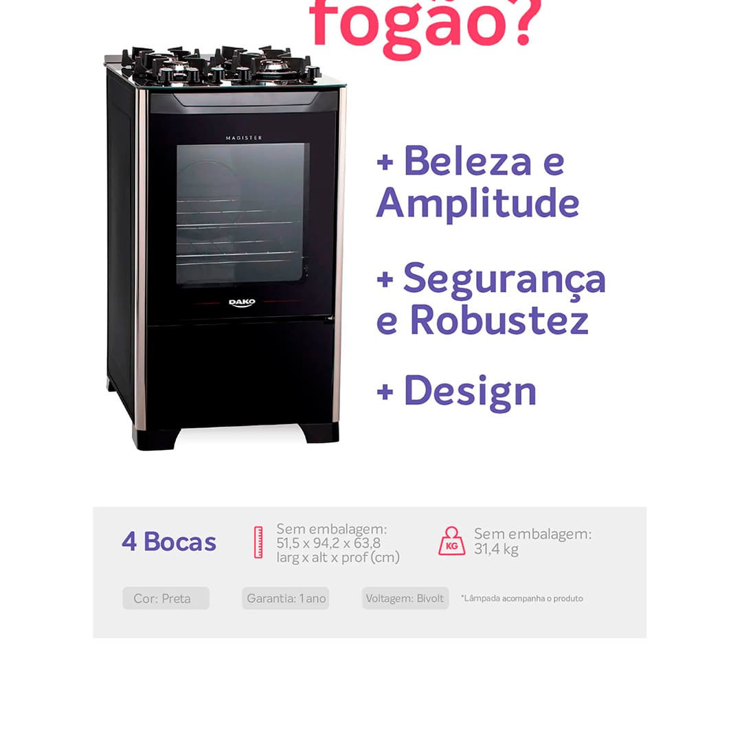 Fogão Dako 4 Bocas Magister Preto