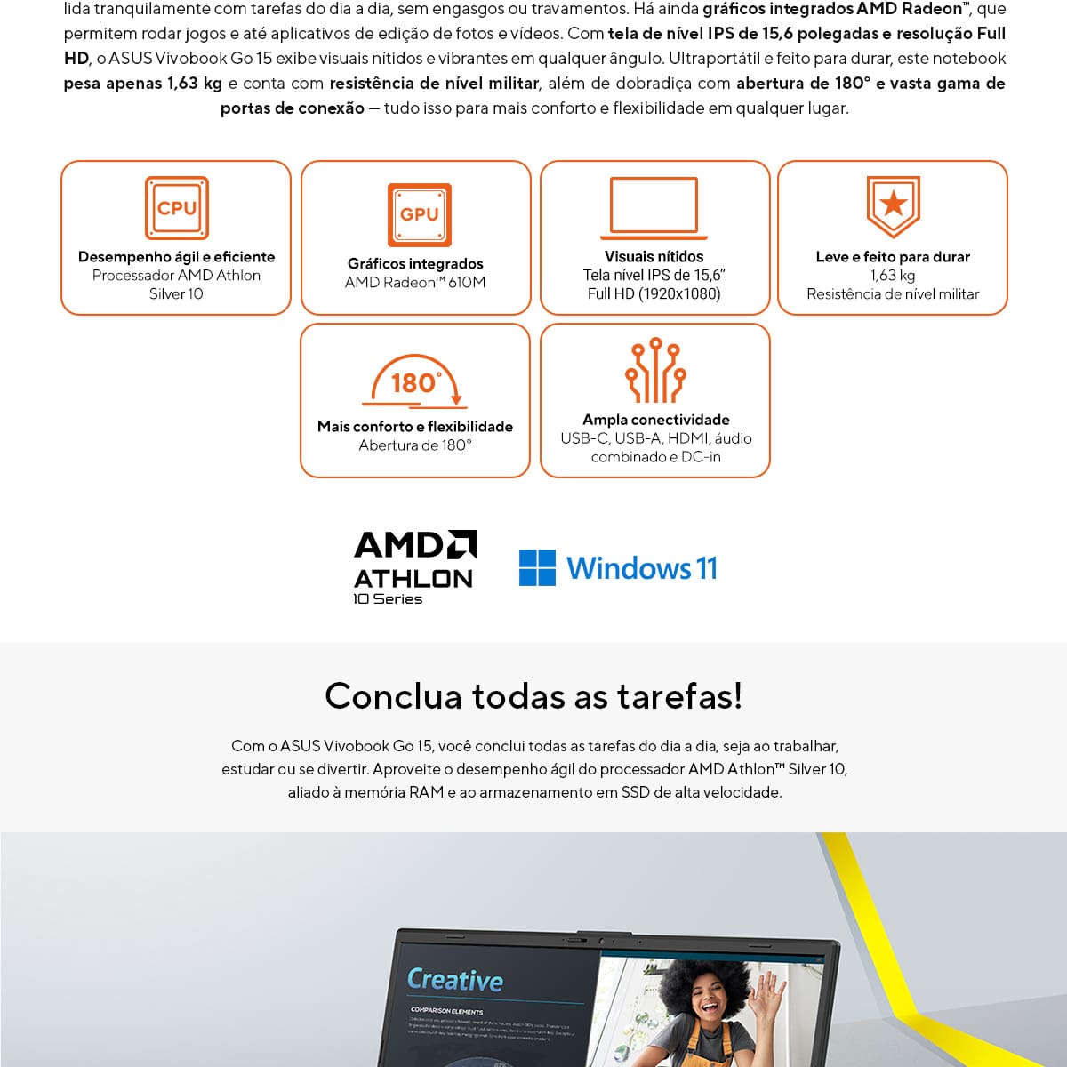 Asus Vivobook Go 15 AMD Athlon 4GB RAM 128GB SSD Tela 15.6” W11 - E1504FA-BQ5312WS