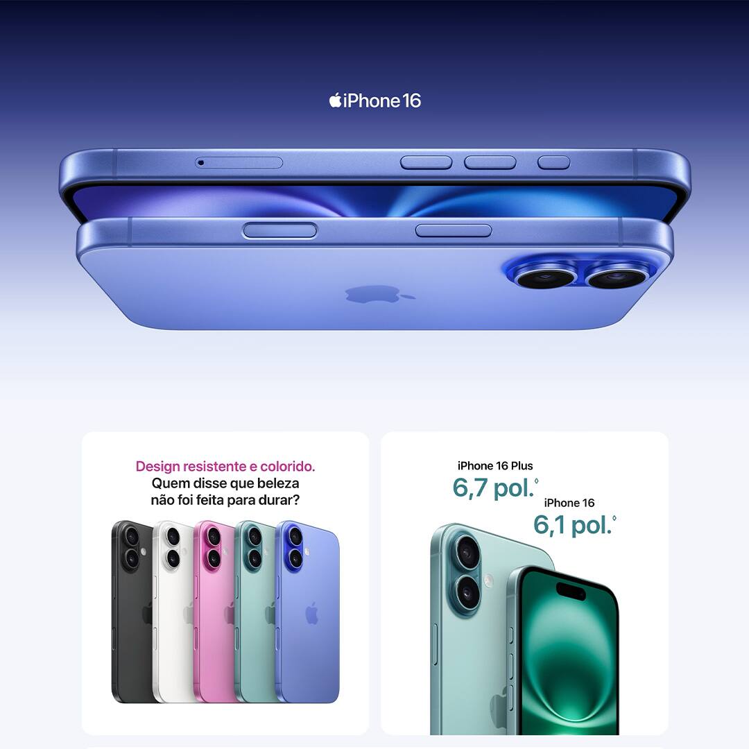 iPhone 16. Novo Controle da Câmera, câmera Fusion de 48 MP, cinco cores lindas e o chip A18.