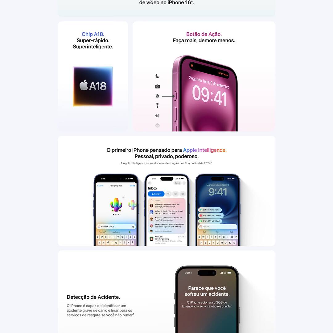 iPhone 16. Novo Controle da Câmera, câmera Fusion de 48 MP, cinco cores lindas e o chip A18.