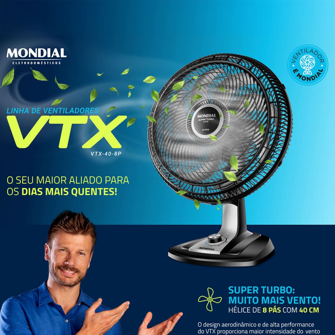O Ventilador de Mesa Mondial Super Turbo VTX-40-8P é a escolha certa para se refrescar nos dias de verão. Pequeno, leve, resistente e potente, ele ainda é econômico e complementa a decoração da sua casa.