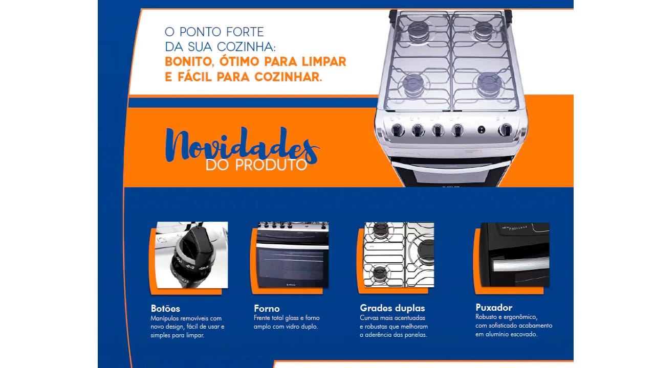 Fogão Atlas 4 Bocas New Fastcook Mesa Inox Branco