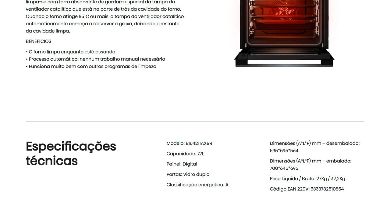 Forno Elétrico de Embutir Hisense BI64211AXBR com 13 Funções Pré-programadas 77L – 220V