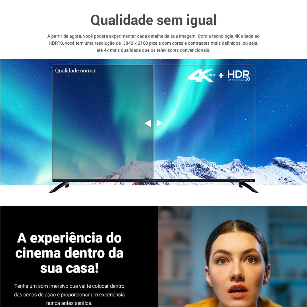 Entre no Mundo da Alta Definição Com a Smart TV 4K de 55 polegadas. Você vai experenciar filmes e séries como nunca antes, com uma imagem mais detalhada e linda do que nunca.