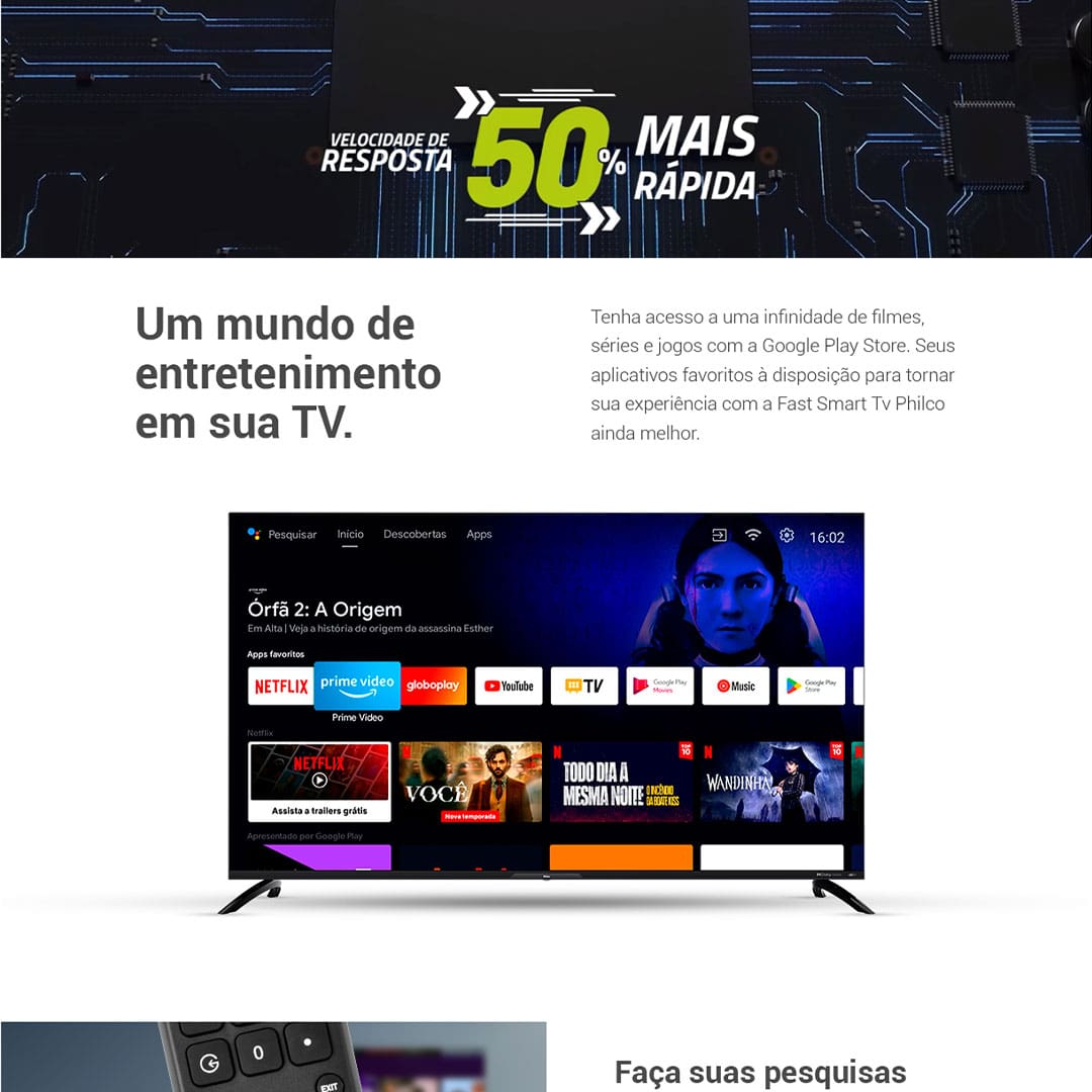 Entre no Mundo da Alta Definição Com a Smart TV 4K de 55 polegadas. Você vai experenciar filmes e séries como nunca antes, com uma imagem mais detalhada e linda do que nunca.