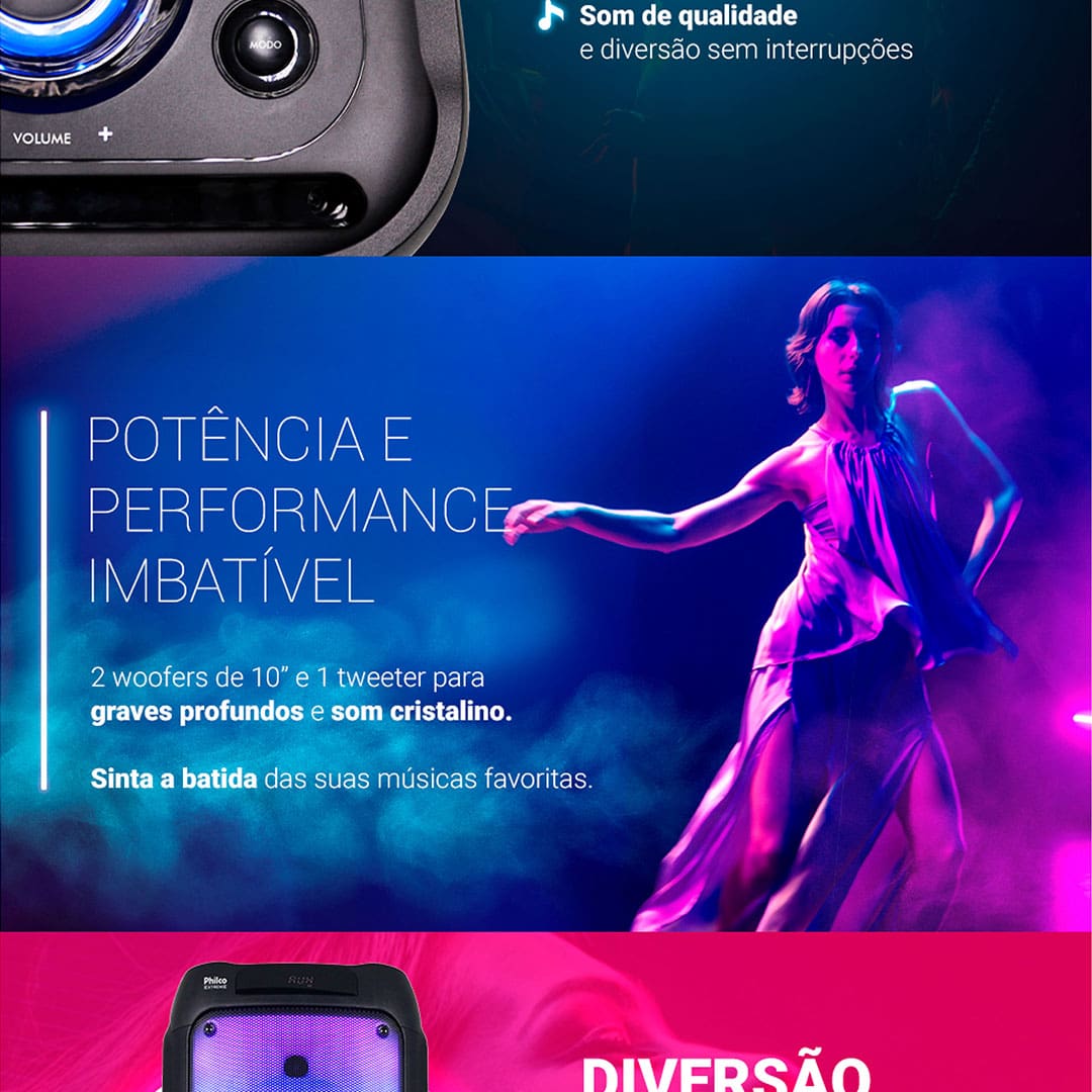 Caixa de Som Amplificada Philco PCX10100 com Bluetooth, Radio FM, Ex Bass, Iluminação LED, Controle Remoto e até 20h de bateria - 1500W