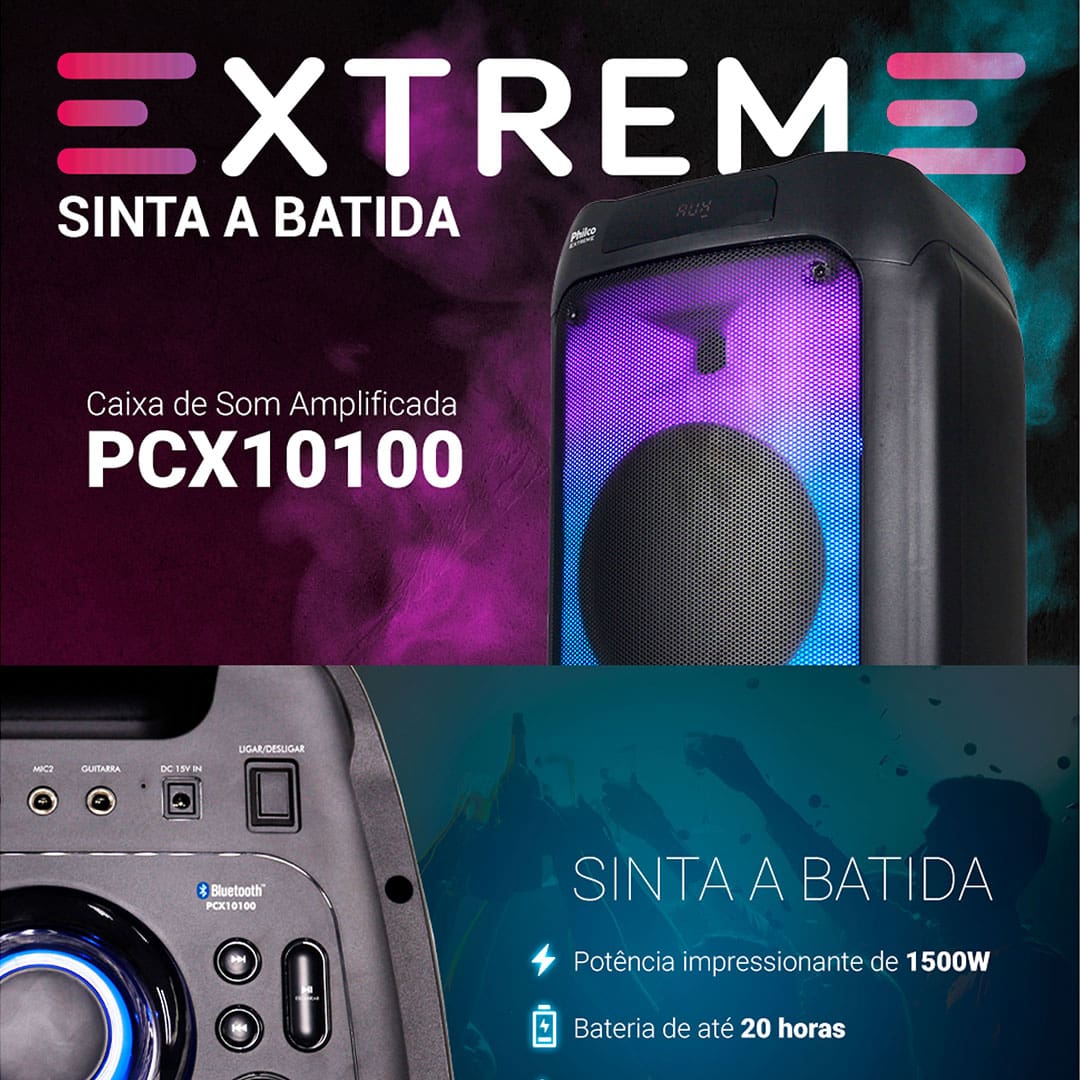 Caixa de Som Amplificada Philco PCX10100 com Bluetooth, Radio FM, Ex Bass, Iluminação LED, Controle Remoto e até 20h de bateria - 1500W