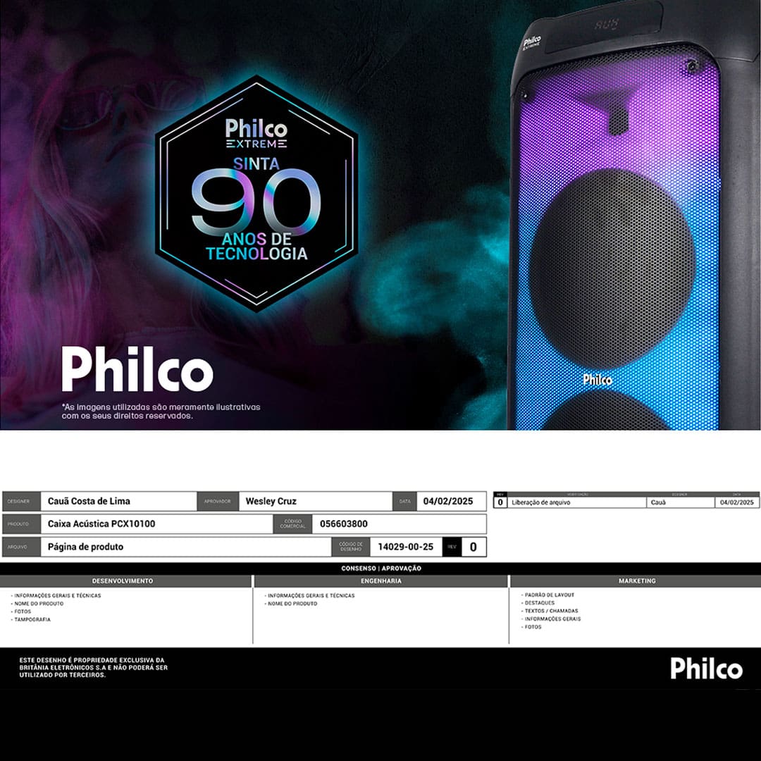 Caixa de Som Amplificada Philco PCX10100 com Bluetooth, Radio FM, Ex Bass, Iluminação LED, Controle Remoto e até 20h de bateria - 1500W
